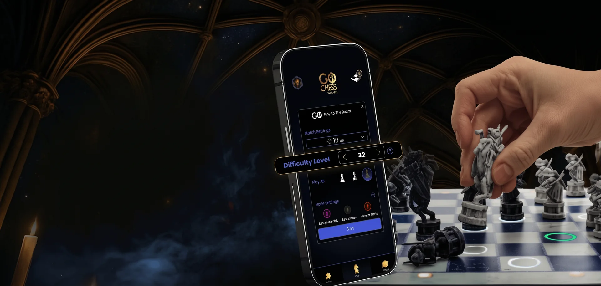 The companion app set to difficulty level 32 beside the lit board