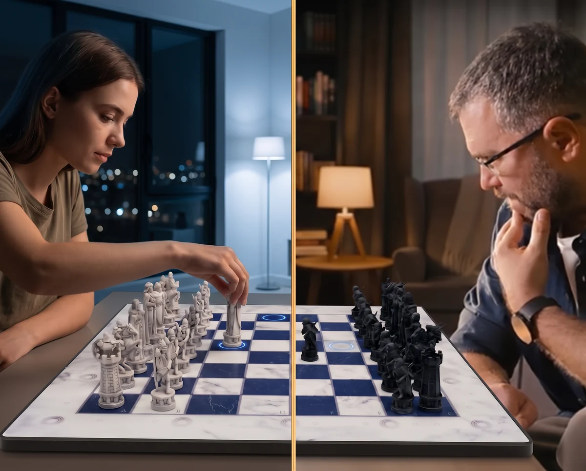 Two players in different homes on their own boards