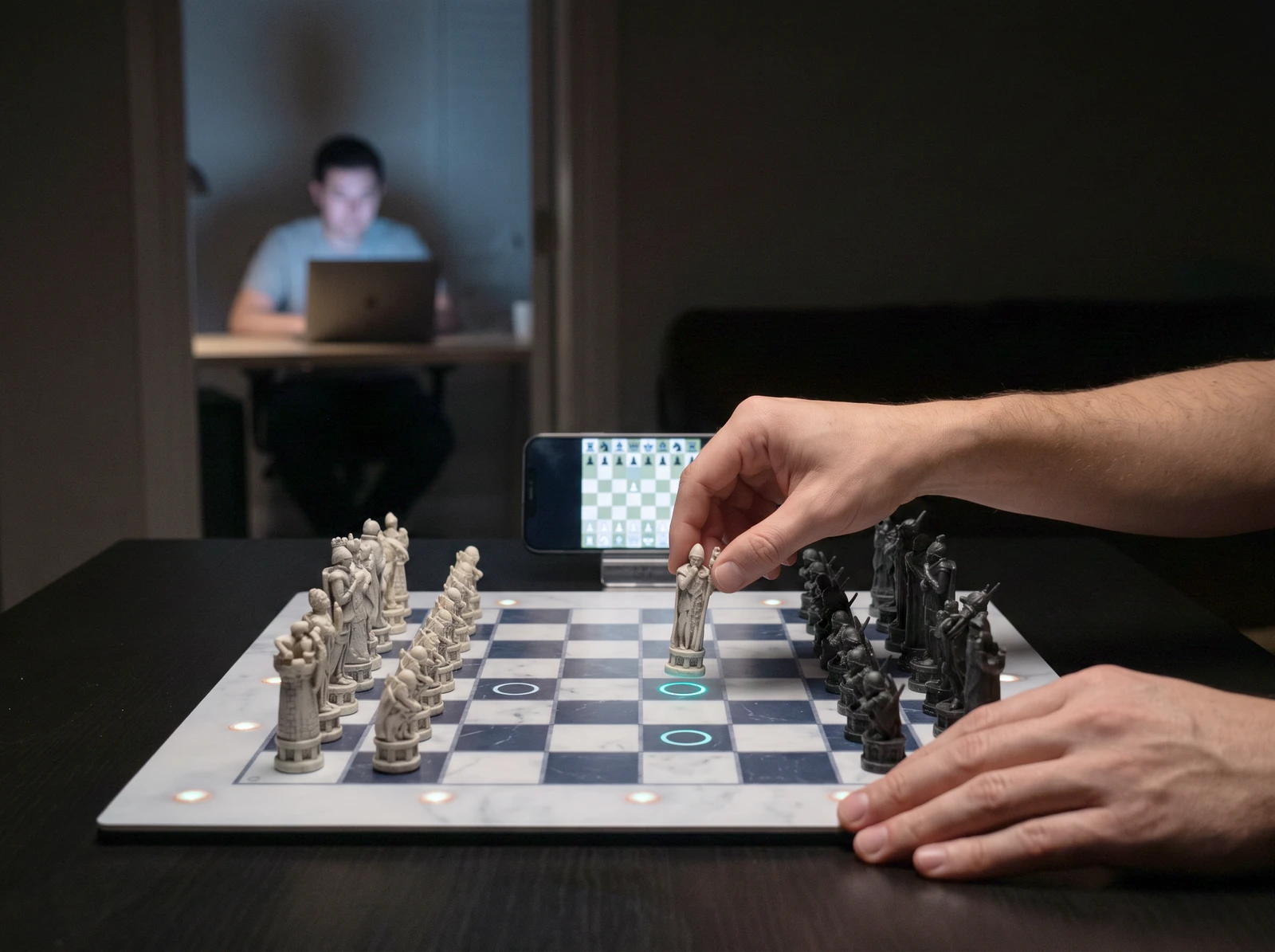 A hand placing a piece on the lit board while the online opponent plays from a laptop in another room