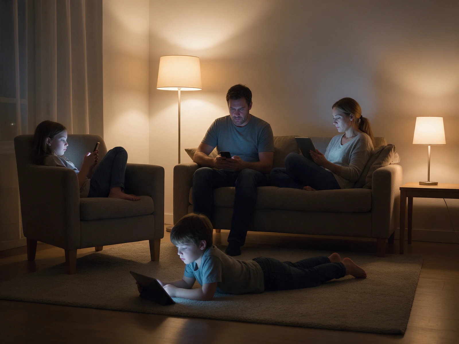 A family of four together in one lit living room, each absorbed in their own screen, nobody looking at anyone