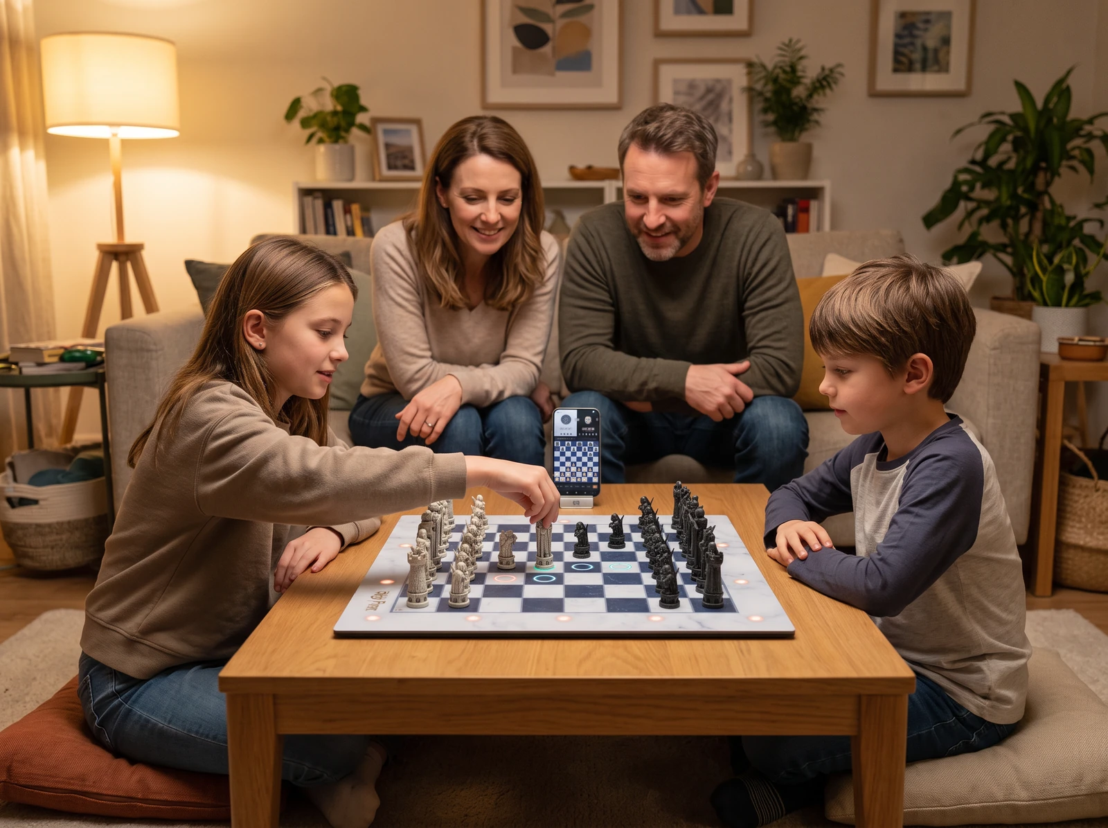 Two children playing on the lit GoChess Wizard board while both parents lean in and watch